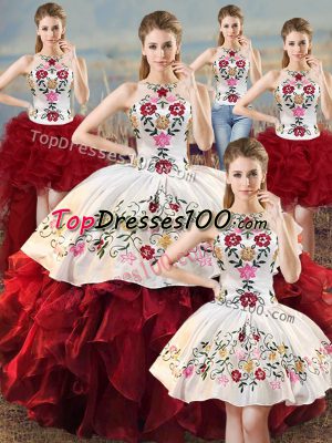 Chic Halter Top Sleeveless Lace Up Quince Ball Gowns White And Red Organza