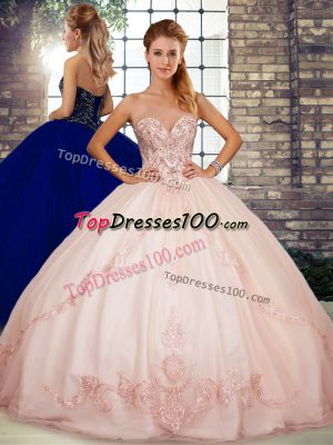 Pink Ball Gowns Beading and Embroidery Sweet 16 Dress Lace Up Tulle Sleeveless Floor Length