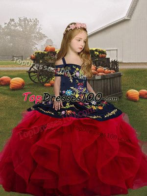 Latest Red Ball Gowns Straps Sleeveless Tulle Floor Length Lace Up Embroidery and Ruffles Little Girls Pageant Gowns