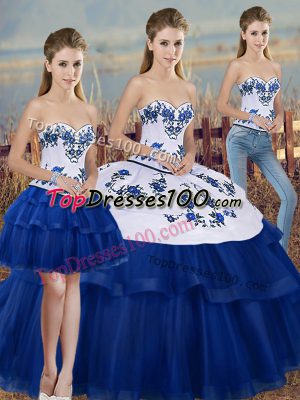Royal Blue Tulle Lace Up Quinceanera Gown Sleeveless Floor Length Embroidery and Bowknot