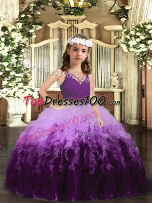 Ball Gowns Little Girls Pageant Dress Multi-color V-neck Tulle Sleeveless Floor Length Zipper