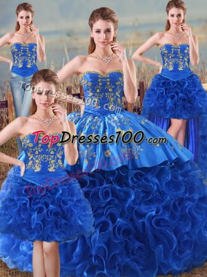 Delicate Sweetheart Sleeveless Quince Ball Gowns Floor Length Embroidery and Ruffles Royal Blue Fabric With Rolling Flowers
