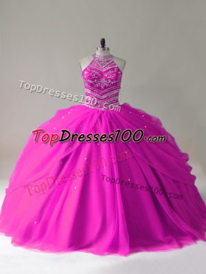 Fashion Fuchsia Sleeveless Tulle Lace Up Quinceanera Dresses for Sweet 16 and Quinceanera