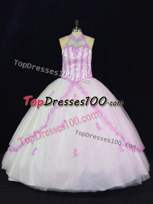 White Lace Up Quinceanera Dresses Appliques Sleeveless Floor Length