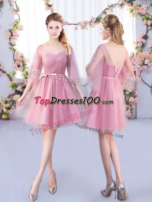 Designer Pink V-neck Neckline Appliques and Belt Dama Dress for Quinceanera Half Sleeves Lace Up