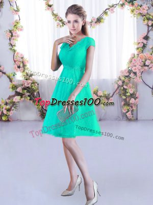 Mini Length Lace Up Vestidos de Damas Turquoise for Prom and Party and Military Ball and Wedding Party with Ruching