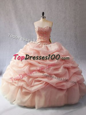 Affordable Sweetheart Sleeveless Sweet 16 Dresses Floor Length Beading and Pick Ups Peach Organza
