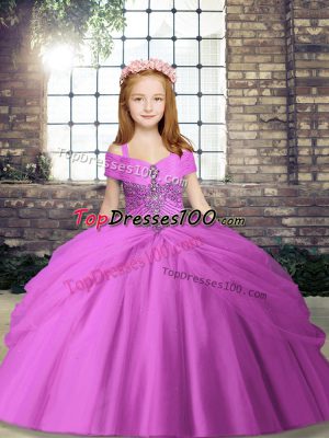 Ball Gowns Little Girl Pageant Gowns Lilac Straps Tulle Sleeveless Floor Length Lace Up