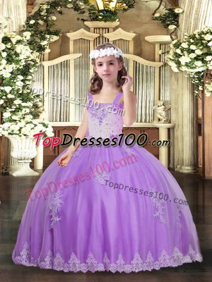 High Class Floor Length Lavender Child Pageant Dress Straps Sleeveless Lace Up