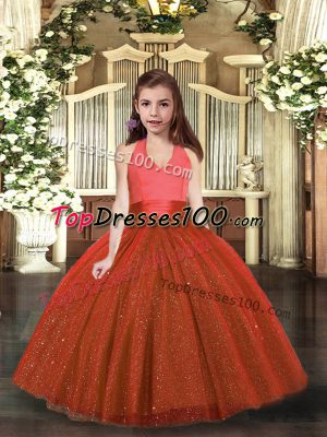 Rust Red Tulle Lace Up Little Girls Pageant Gowns Sleeveless Floor Length Ruching