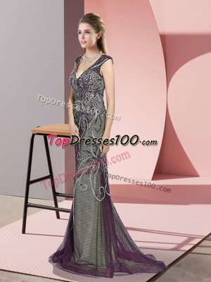 Dark Purple Sleeveless Tulle Sweep Train Zipper for Prom and Party