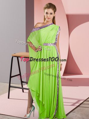 Yellow Green Empire One Shoulder Sleeveless Chiffon Asymmetrical Side Zipper Sequins Prom Dresses
