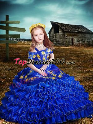 Classical Ball Gowns Kids Formal Wear Royal Blue Off The Shoulder Organza Short Sleeves Floor Length Lace Up