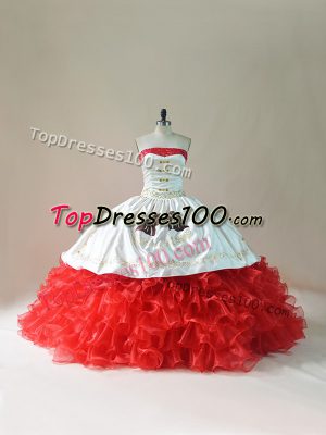 Strapless Sleeveless Sweet 16 Dresses Floor Length Brush Train Embroidery and Ruffles White And Red Satin and Organza