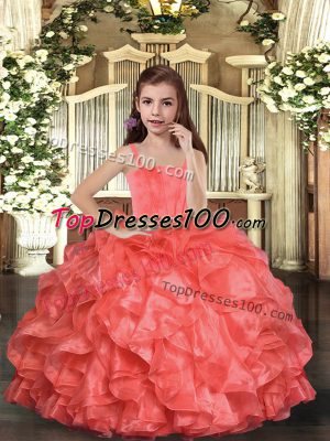 Ruffles Kids Formal Wear Coral Red Lace Up Sleeveless Floor Length