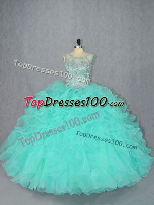 Floor Length Lace Up Vestidos de Quinceanera Aqua Blue for Sweet 16 and Quinceanera with Beading