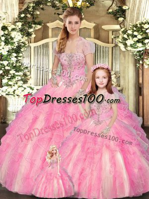 Sexy Baby Pink Ball Gown Prom Dress Sweet 16 and Quinceanera with Beading and Ruffles Strapless Sleeveless Lace Up