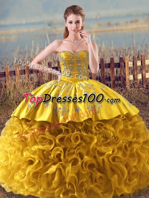 Sweetheart Sleeveless Sweet 16 Dress Floor Length Embroidery and Ruffles Gold Fabric With Rolling Flowers