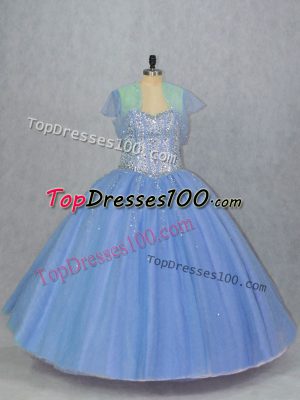 Customized Beading Quinceanera Dresses Blue Lace Up Sleeveless Floor Length