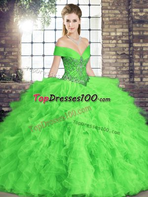 Custom Designed Tulle Lace Up Off The Shoulder Sleeveless Floor Length Quinceanera Dress Beading and Ruffles