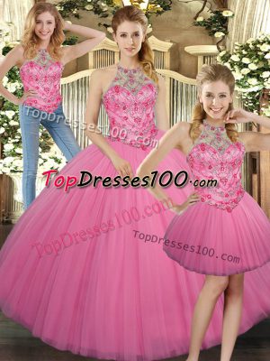 Gorgeous Floor Length Three Pieces Sleeveless Rose Pink Quinceanera Gown Lace Up