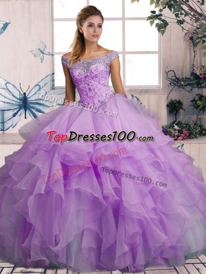 Custom Made Beading and Ruffles 15th Birthday Dress Lavender Lace Up Sleeveless Floor Length