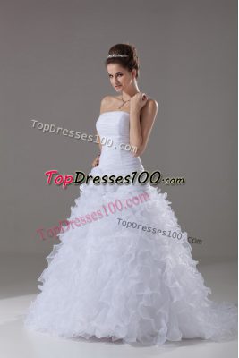 Simple White Organza Lace Up Strapless Sleeveless Wedding Dress Brush Train Ruffles