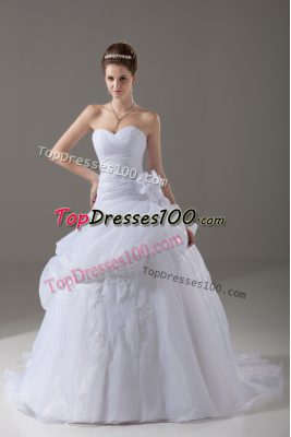 Popular White Sweetheart Lace Up Appliques and Hand Made Flower Wedding Gowns Brush Train Sleeveless
