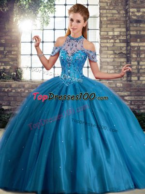 Dramatic Sleeveless Tulle Brush Train Lace Up Sweet 16 Dress in Blue with Beading