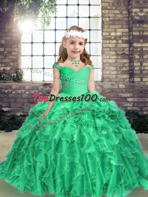 Gorgeous Floor Length Turquoise Pageant Gowns For Girls Straps Long Sleeves Lace Up