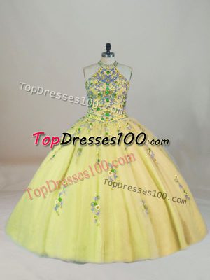 Yellow Sleeveless Appliques and Embroidery Lace Up Sweet 16 Dresses