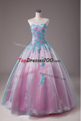 Traditional Sleeveless Organza Floor Length Lace Up 15th Birthday Dress in Light Blue with Appliques