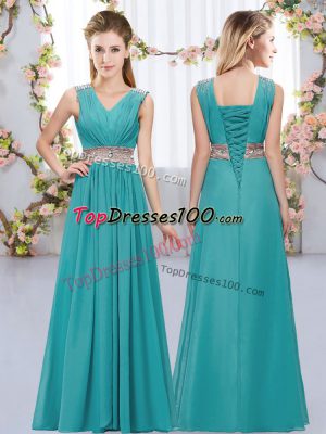 Teal Quinceanera Court Dresses Wedding Party with Beading and Belt V-neck Sleeveless Lace Up