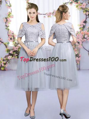 Eye-catching Grey Sleeveless Tea Length Lace and Belt Zipper Quinceanera Dama Dress