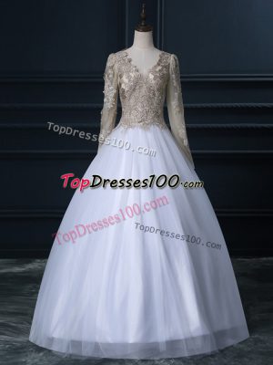 Custom Made White Ball Gowns Tulle V-neck Long Sleeves Lace Floor Length Zipper Bridal Gown