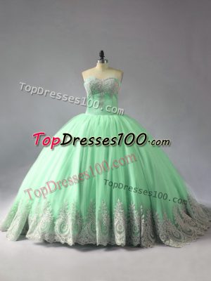 Sleeveless Appliques Lace Up Vestidos de Quinceanera with Apple Green Court Train