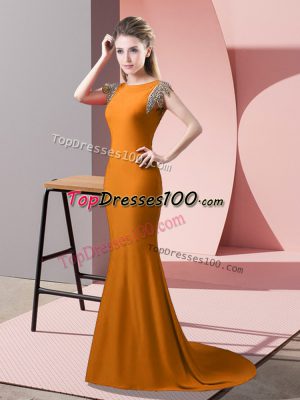 Elastic Woven Satin Short Sleeves Prom Evening Gown Brush Train and Beading