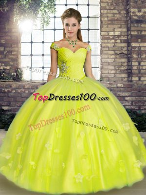 Classical Yellow Green Ball Gowns Beading and Appliques 15 Quinceanera Dress Lace Up Tulle Sleeveless Floor Length