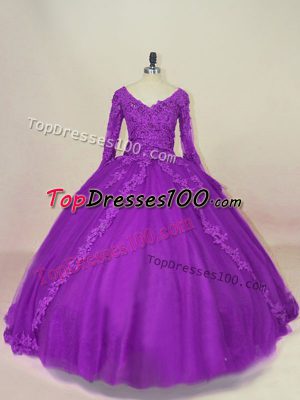 Best Selling Long Sleeves Lace Up Floor Length Appliques Quinceanera Dresses