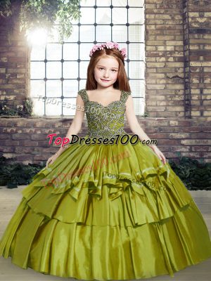 Olive Green Ball Gowns Beading Little Girl Pageant Gowns Lace Up Taffeta Sleeveless Floor Length