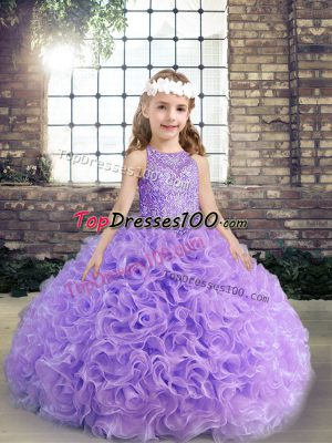 Fantastic Sleeveless Fabric With Rolling Flowers Floor Length Lace Up Kids Pageant Dress in Lavender with Beading and Ruching