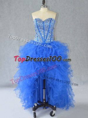 Sumptuous Blue A-line Organza Sweetheart Sleeveless Beading and Ruffles High Low Lace Up