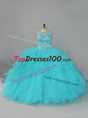 Top Selling Tulle Scoop Sleeveless Lace Up Beading and Ruffles Quinceanera Gowns in Aqua Blue