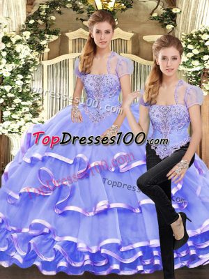 Graceful Lavender Two Pieces Organza Strapless Sleeveless Beading and Ruffled Layers Floor Length Lace Up Quinceanera Dresses