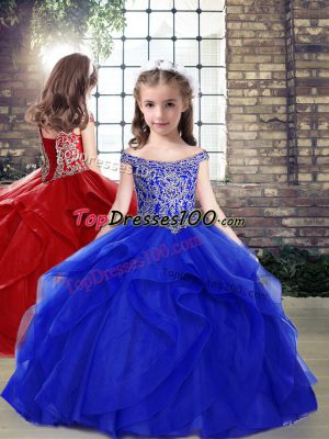 New Arrival Royal Blue Ball Gowns Off The Shoulder Sleeveless Organza Floor Length Lace Up Beading High School Pageant Dress