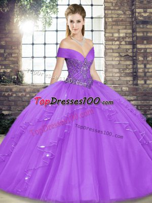 High End Lavender Ball Gowns Off The Shoulder Sleeveless Tulle Floor Length Lace Up Beading and Ruffles Quinceanera Gown