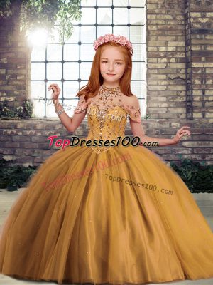 Cheap Brown Ball Gowns High-neck Sleeveless Tulle Floor Length Lace Up Beading Little Girls Pageant Dress Wholesale