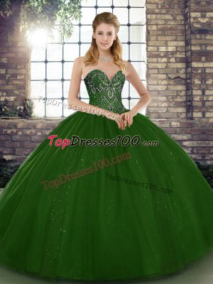 Custom Fit Floor Length Lace Up Vestidos de Quinceanera Green for Military Ball and Sweet 16 and Quinceanera with Beading