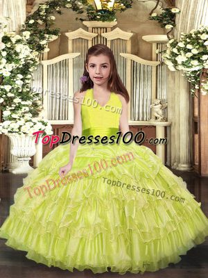 Wonderful Yellow Green Organza Lace Up Little Girl Pageant Gowns Sleeveless Floor Length Ruffled Layers