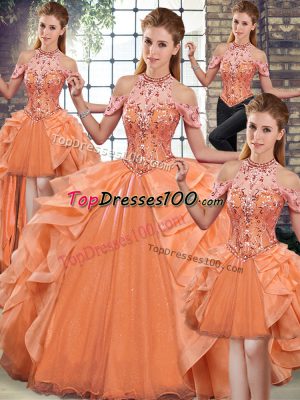 Most Popular Organza Halter Top Sleeveless Lace Up Beading and Ruffles Quinceanera Gowns in Orange